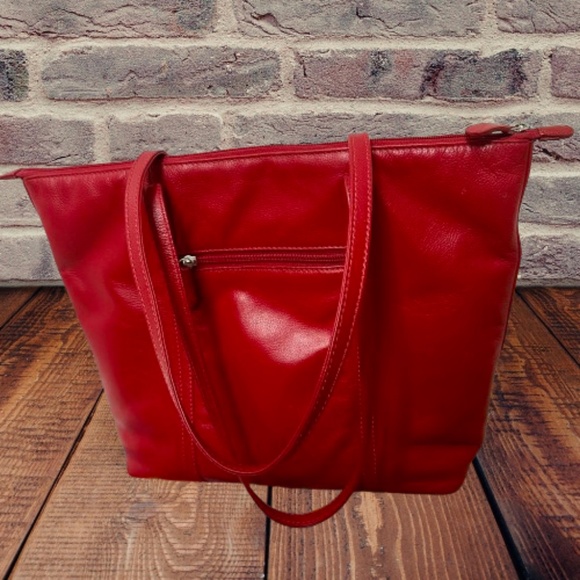 ili New York Genuine Leather Shoulder Tote Handbag Laptop Bag in Red EUC - Picture 5 of 12